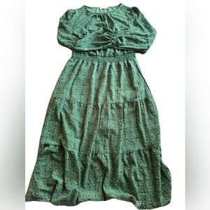 Kirundo Women's XL Green Floral Long Sleeve Maxi Dress Boho Cottagecore EUC